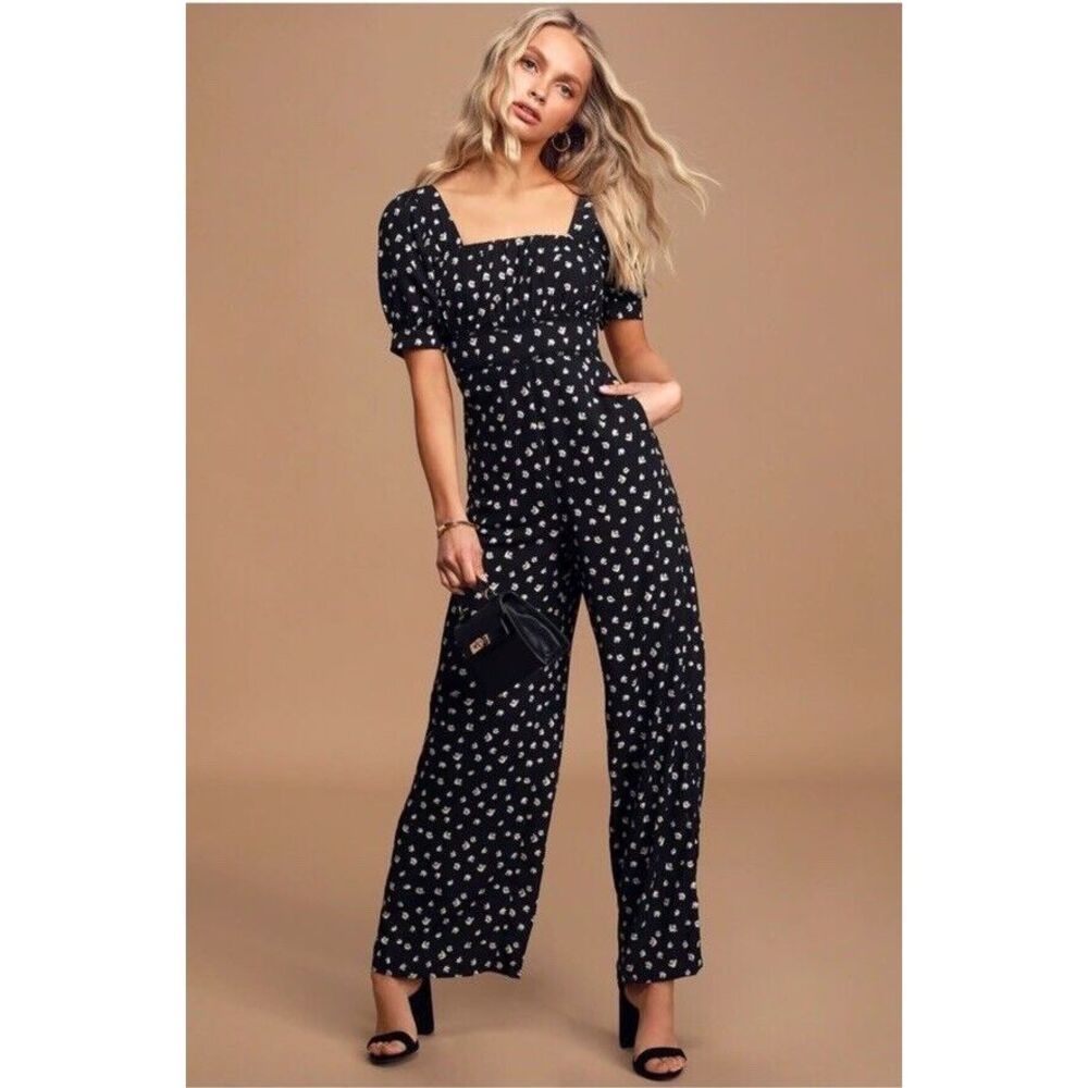New Lulu's Modern Elegance Black Floral Print Puff Sleeve Wide-Leg Jumpsuit Sz M